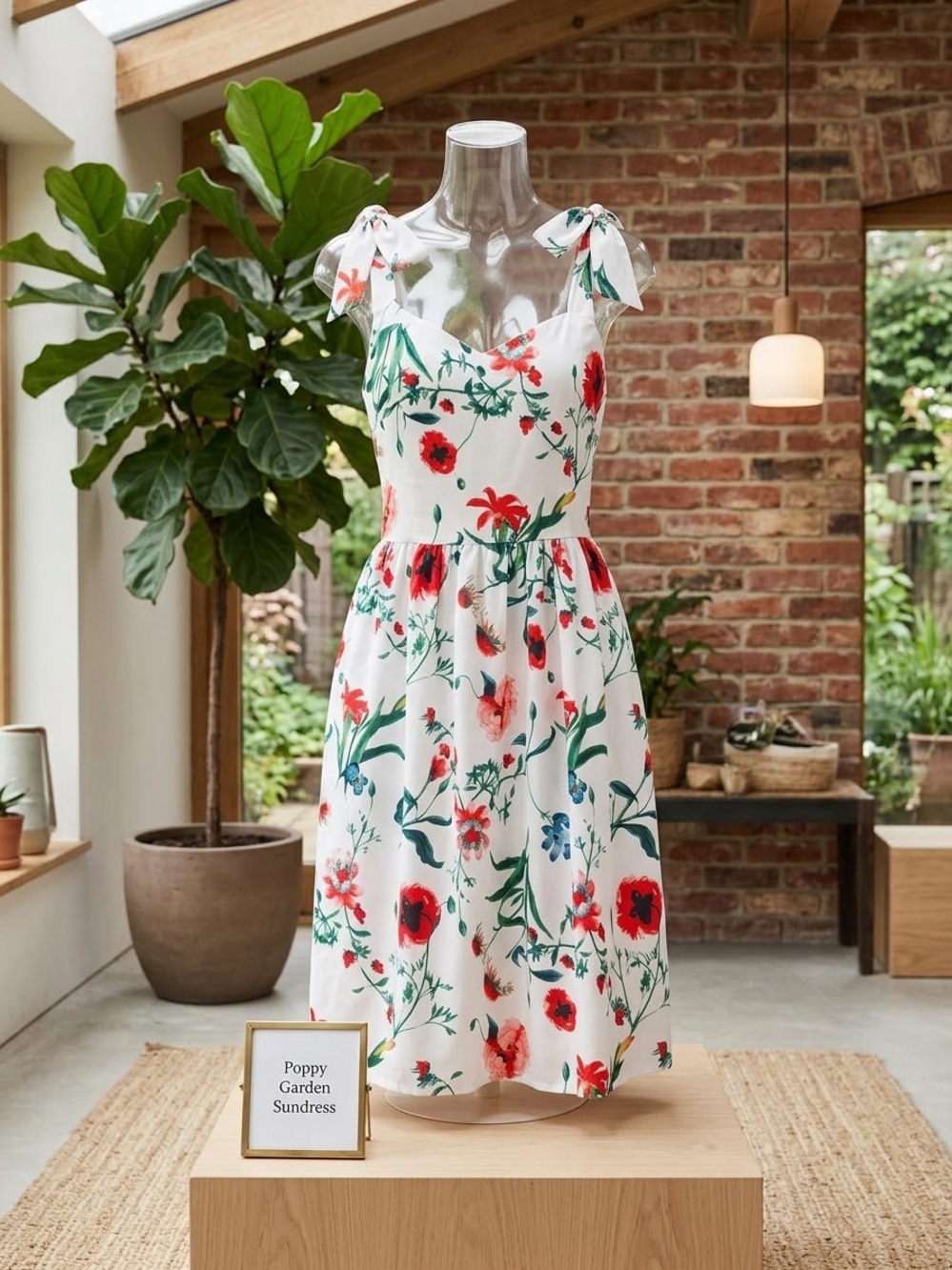 White Midi Sundress with Red Poppy & Green Foliage Print